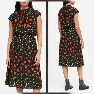 BANANA REPUBLIC Dress Womens 4 California Poppy Black Orange Midi Floral Cottage